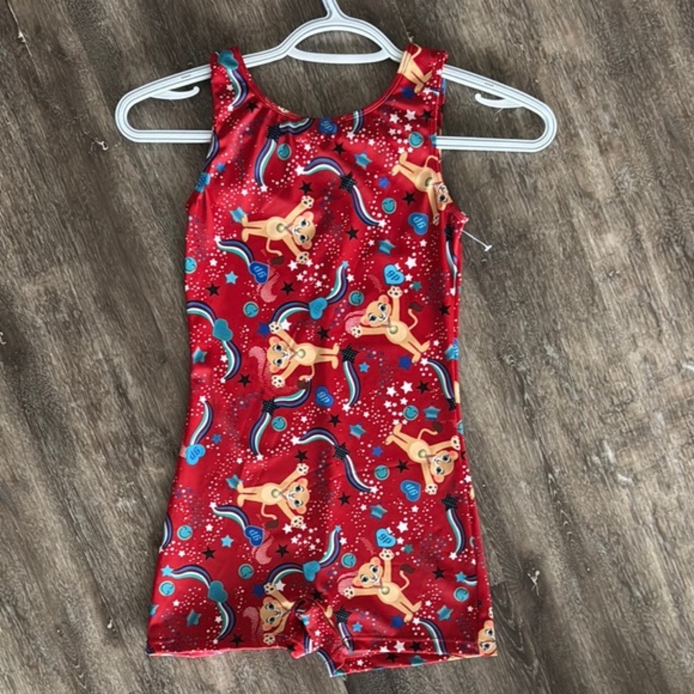 Red Gymnastics Leotard with Tiger and Rainbow Print